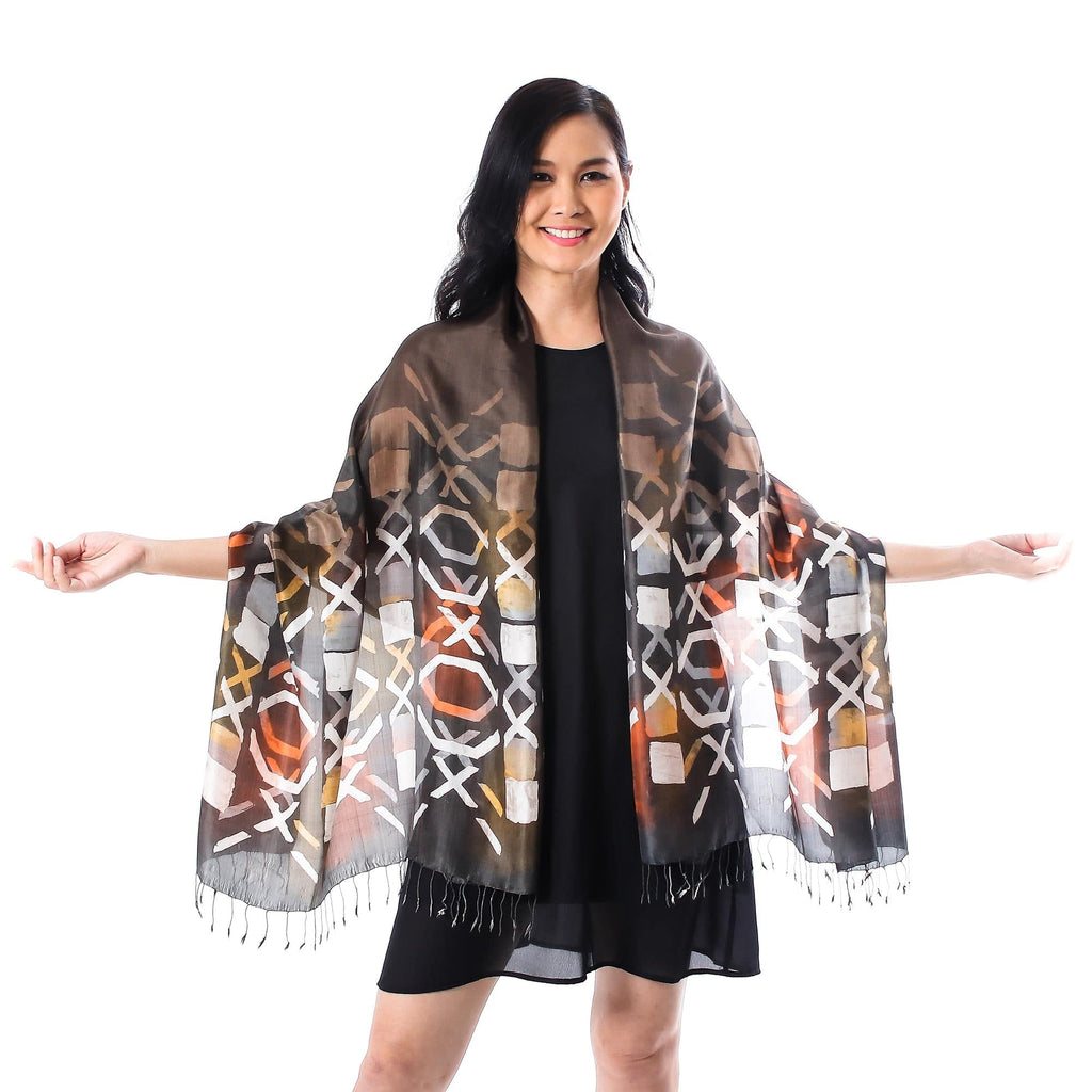 Dark Brown Silk Batik Shawl with Orange and Yellow - Psychedelic Tic-Tac-Toe