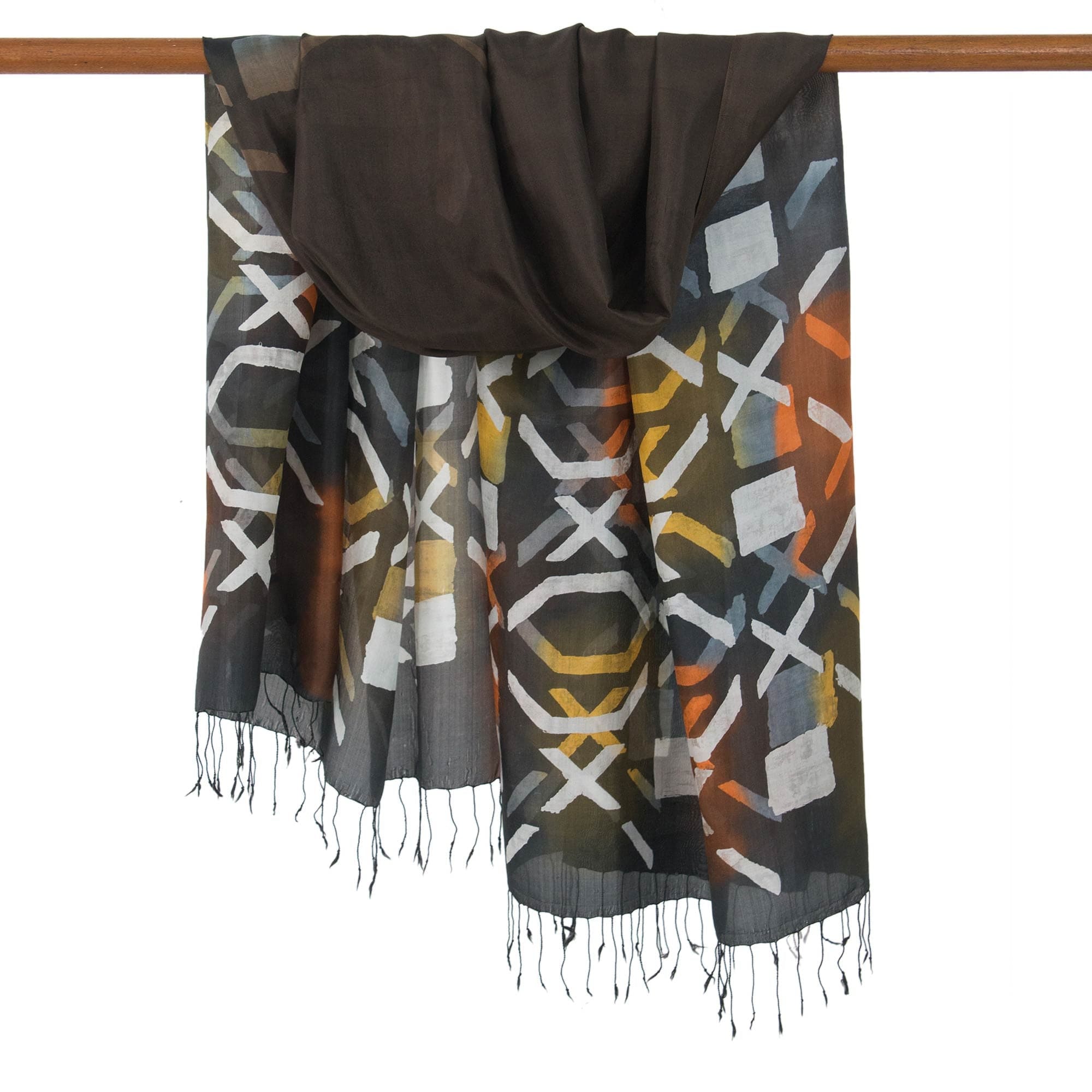Dark Brown Silk Batik Shawl with Orange and Yellow - Psychedelic Tic-Tac-Toe
