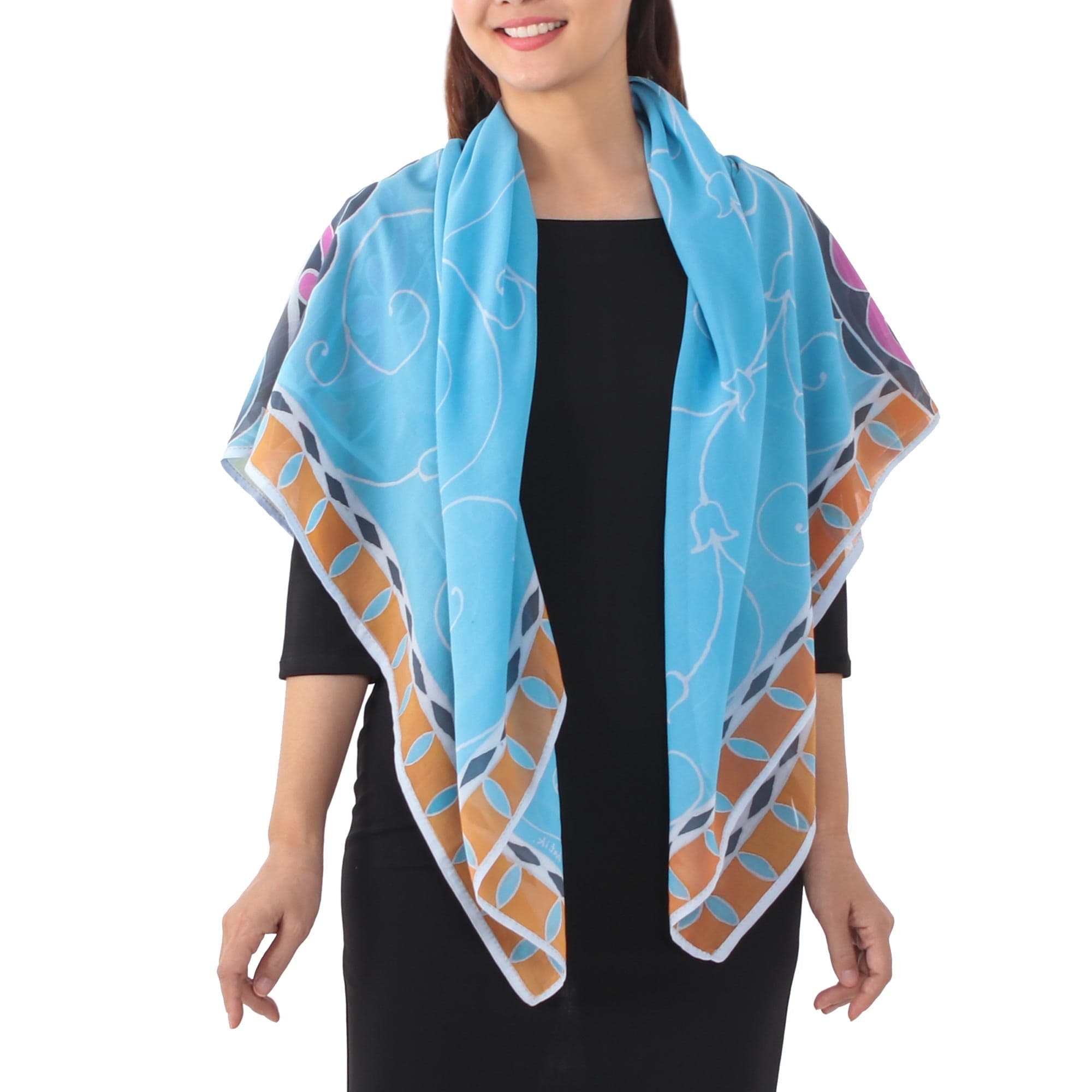 Hand Dyed Blue/Multicolor Floral Cotton Shawl - Terrace Garden