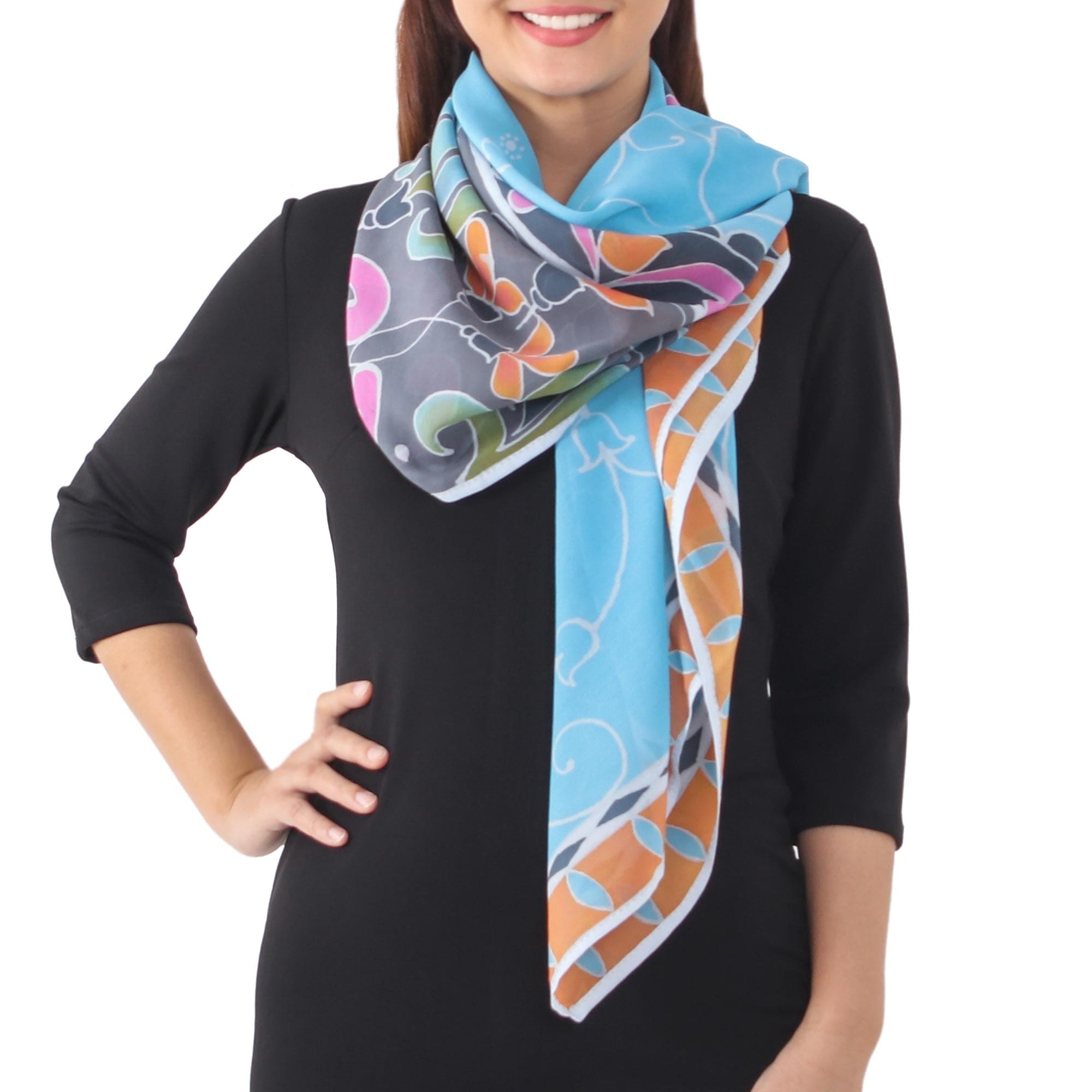 Hand Dyed Blue/Multicolor Floral Cotton Shawl - Terrace Garden