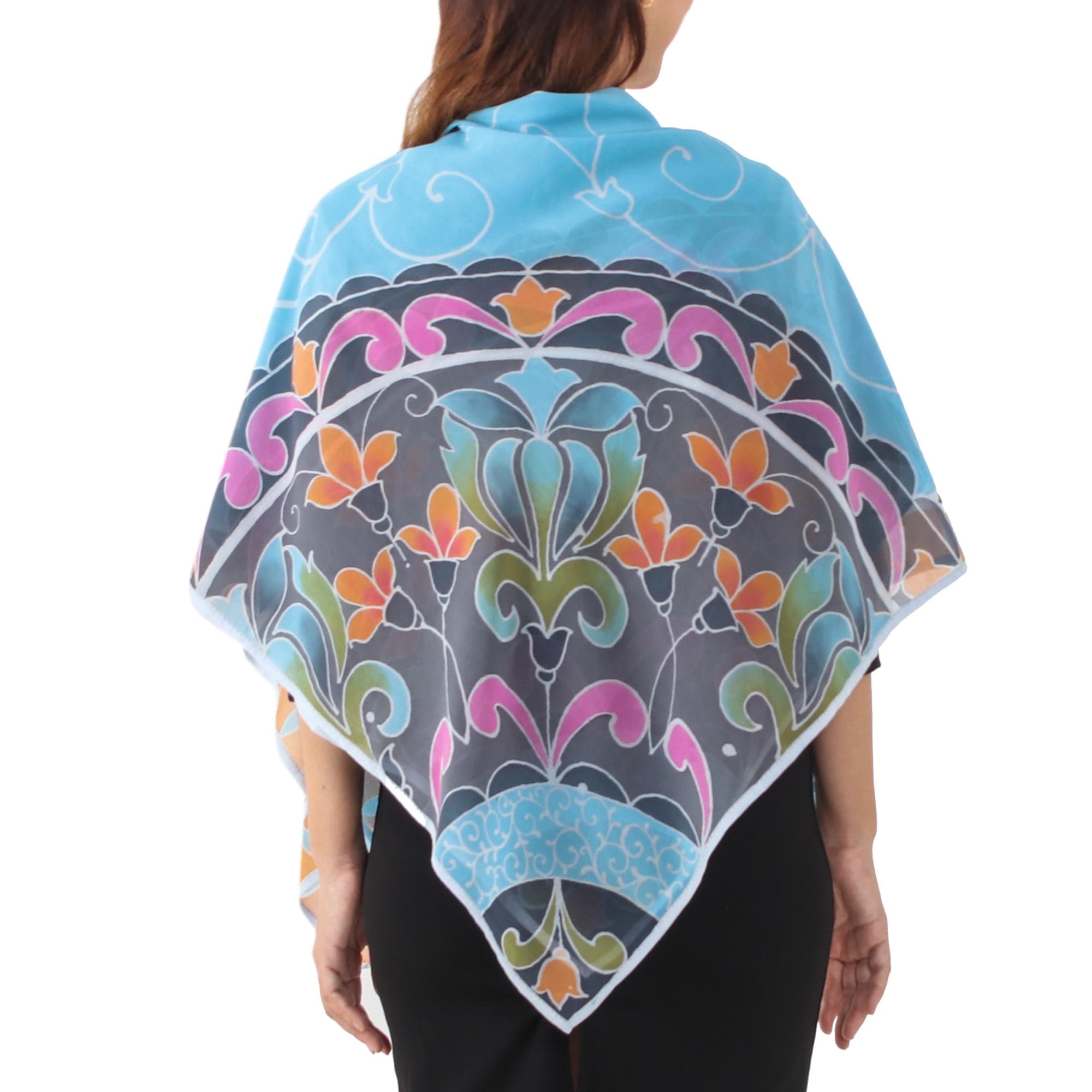 Hand Dyed Blue/Multicolor Floral Cotton Shawl - Terrace Garden