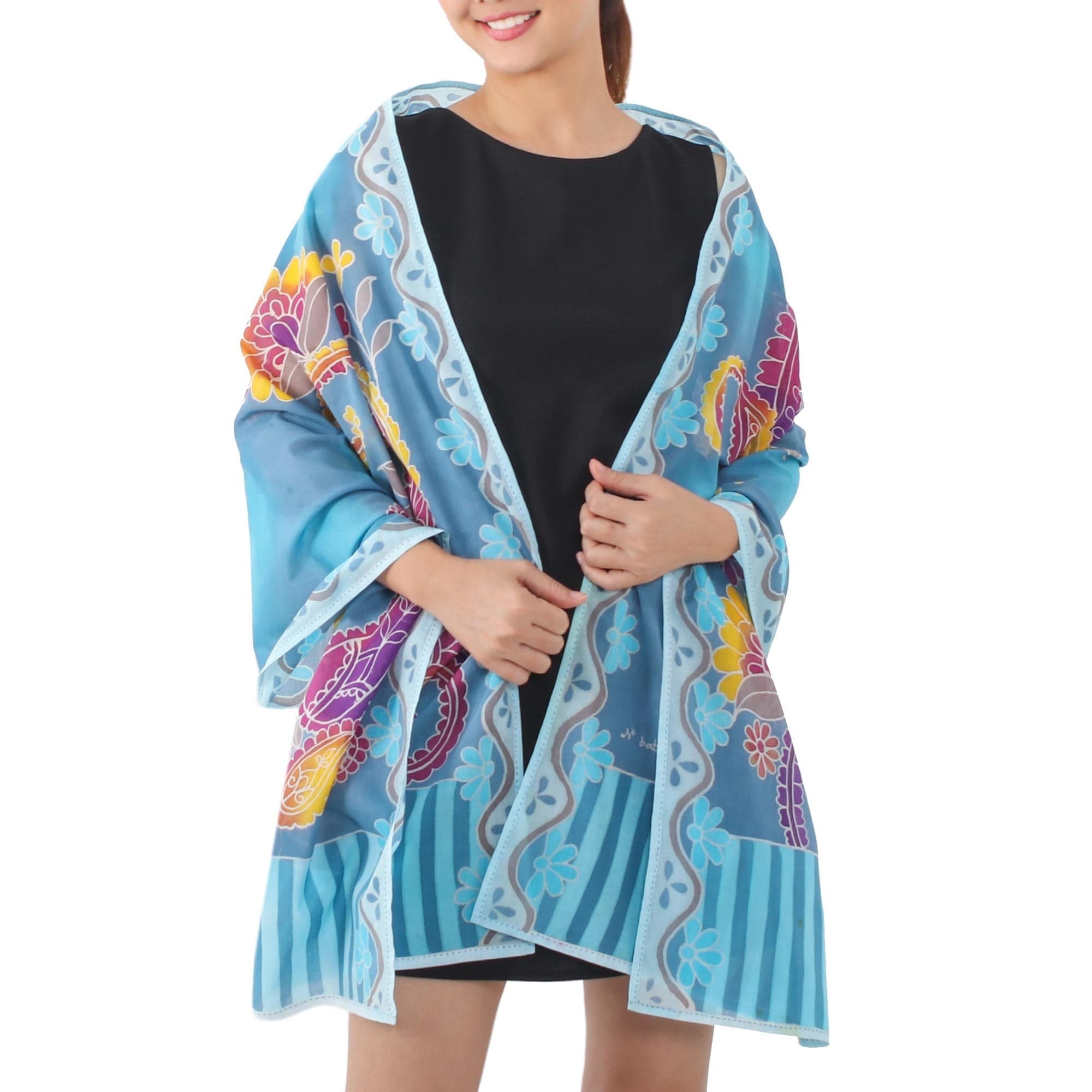 Blue Cotton Shawl with Paisley and Flower Batik Motifs - Paradise Garden