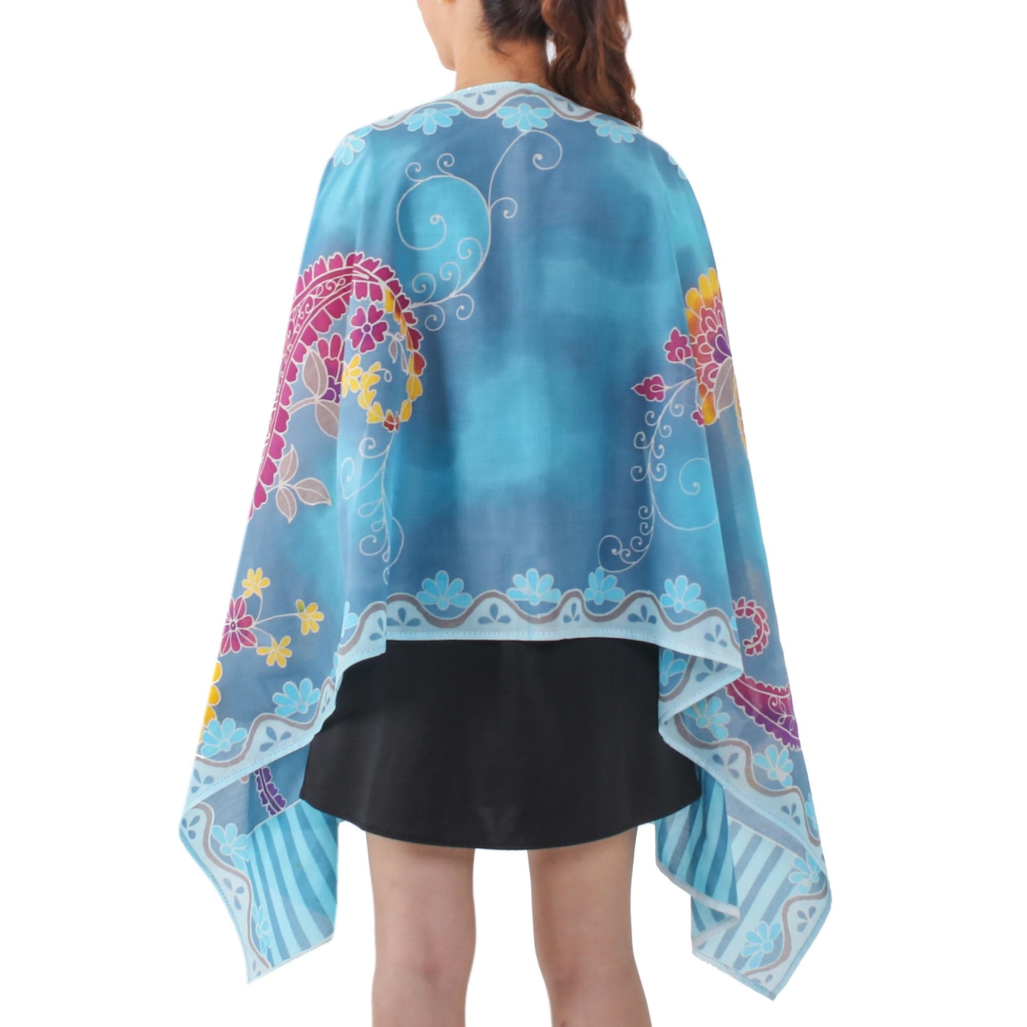 Blue Cotton Shawl with Paisley and Flower Batik Motifs - Paradise Garden