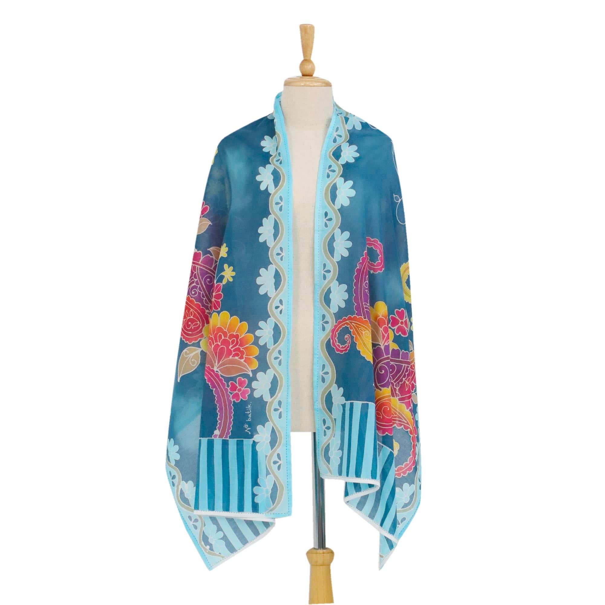 Blue Cotton Shawl with Paisley and Flower Batik Motifs - Paradise Garden
