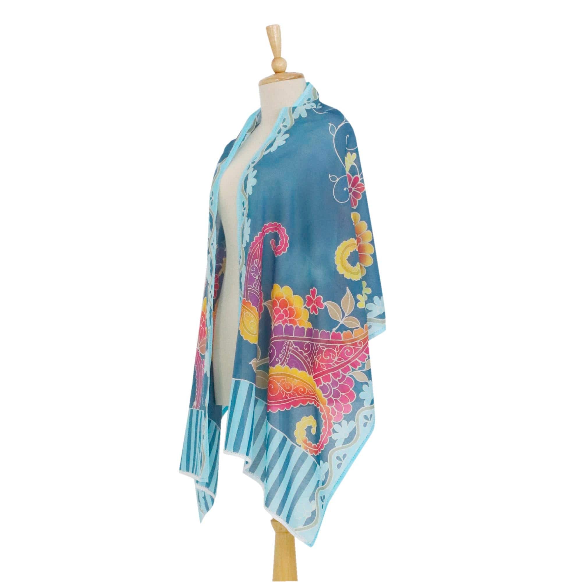 Blue Cotton Shawl with Paisley and Flower Batik Motifs - Paradise Garden