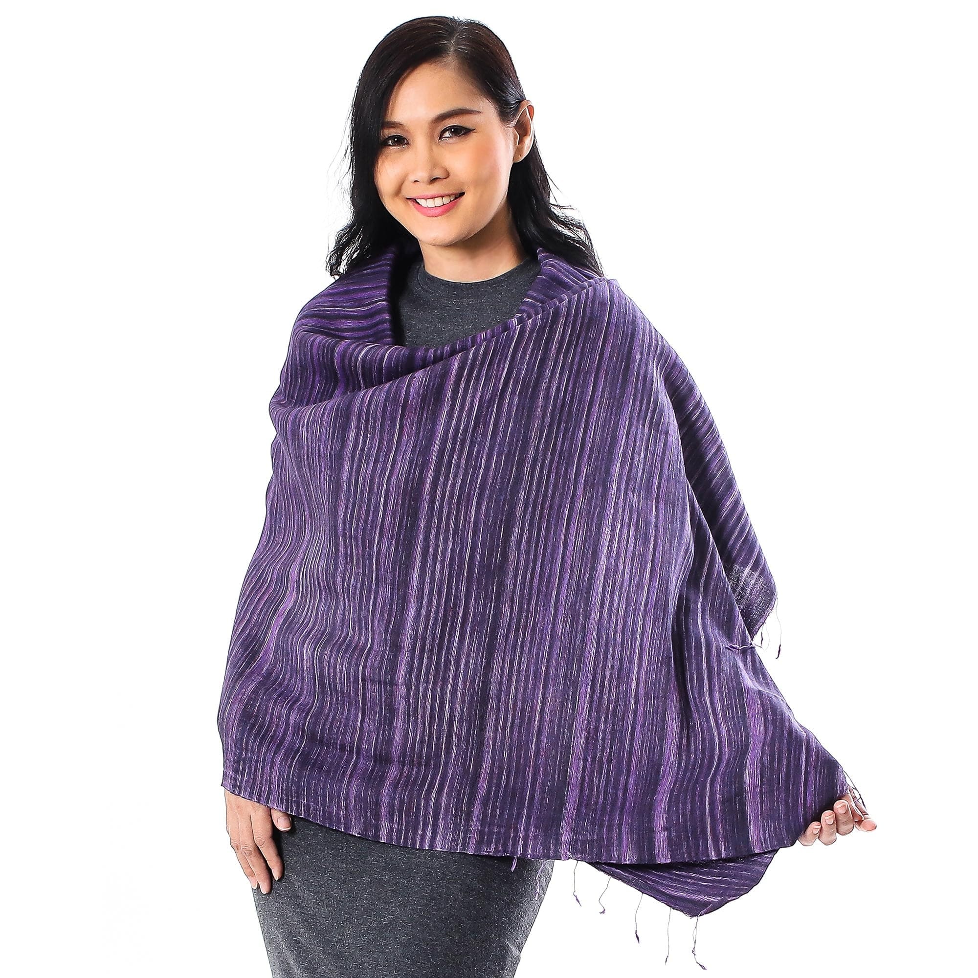 Striped Silk and Cotton Blend Shawl in Purple from Thailand - Gorgeous Stripes in Purple