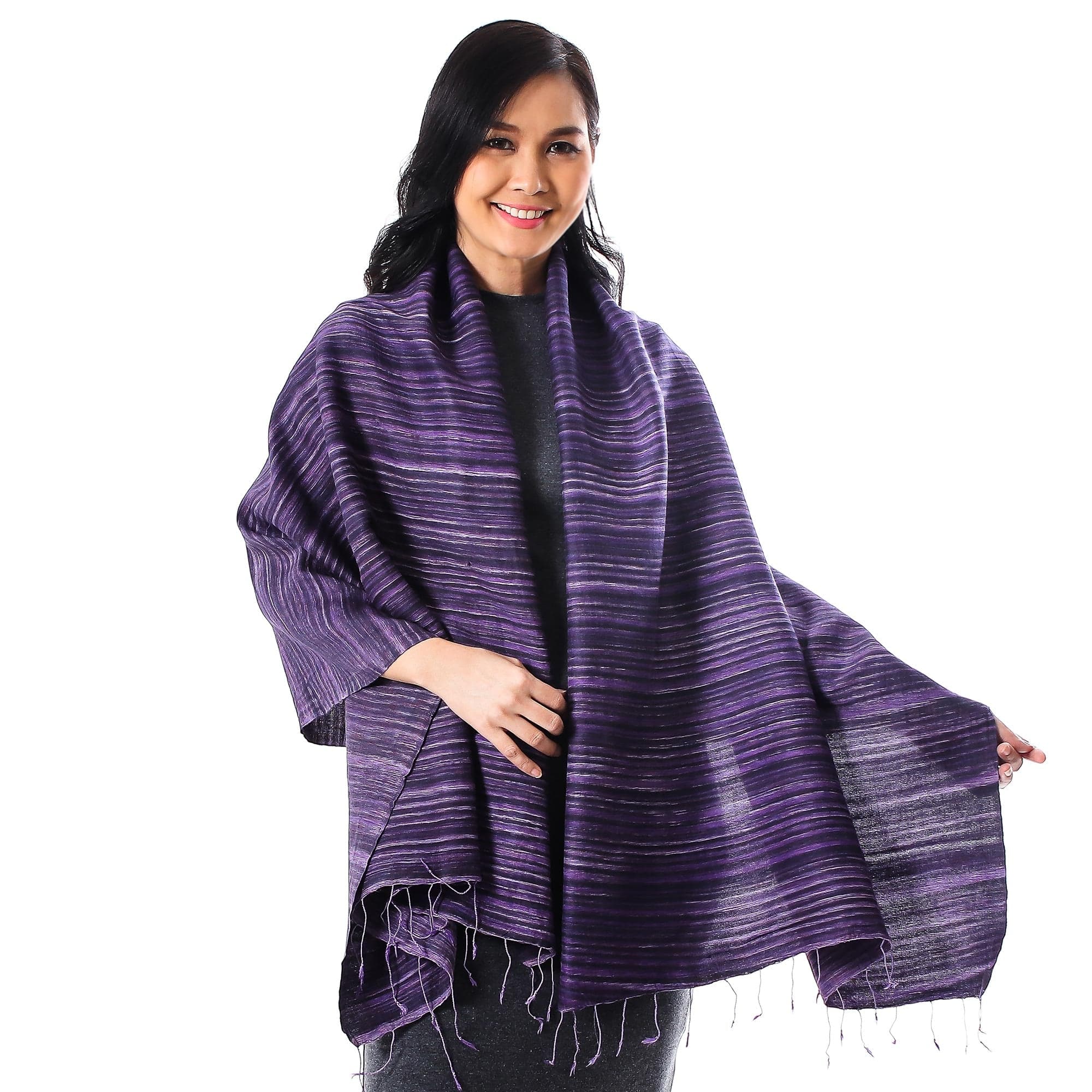 Striped Silk and Cotton Blend Shawl in Purple from Thailand - Gorgeous Stripes in Purple