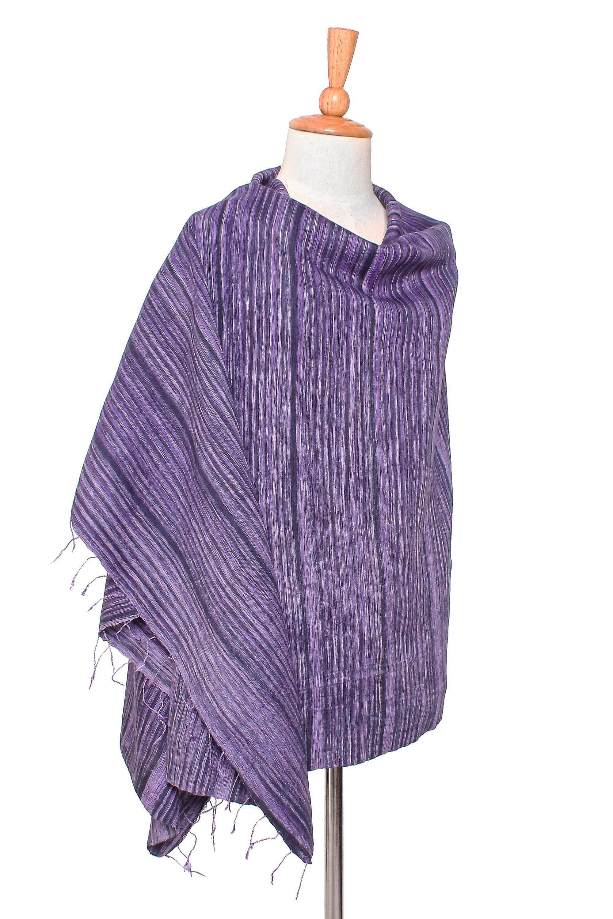 Striped Silk and Cotton Blend Shawl in Purple from Thailand - Gorgeous Stripes in Purple