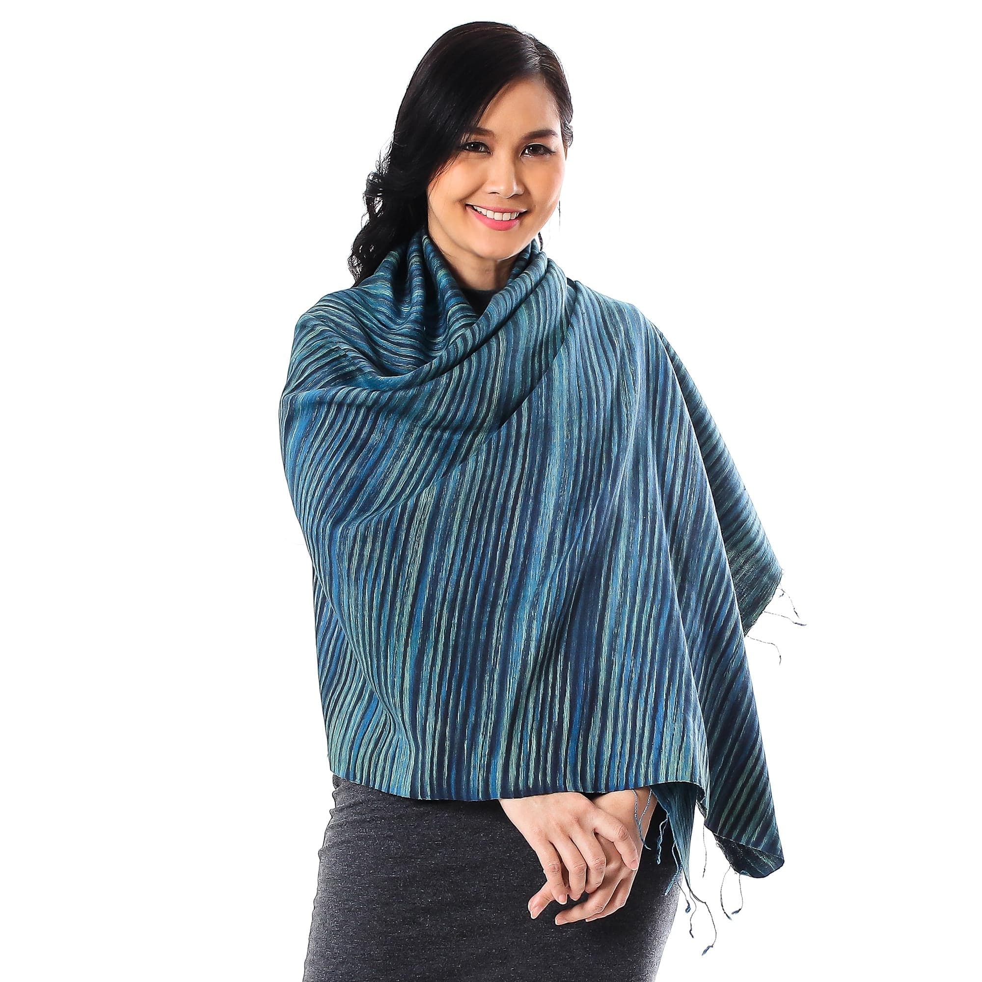 Striped Silk and Cotton Blend Shawl in Light Blue - Gorgeous Stripes in Light Blue