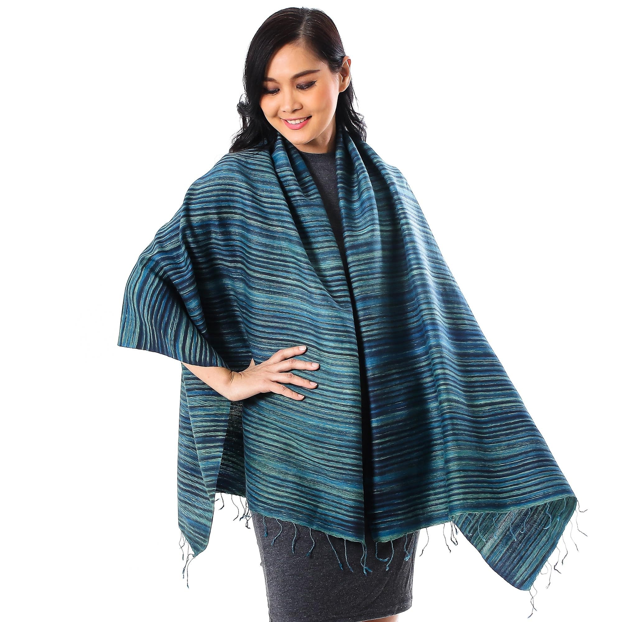 Striped Silk and Cotton Blend Shawl in Light Blue - Gorgeous Stripes in Light Blue