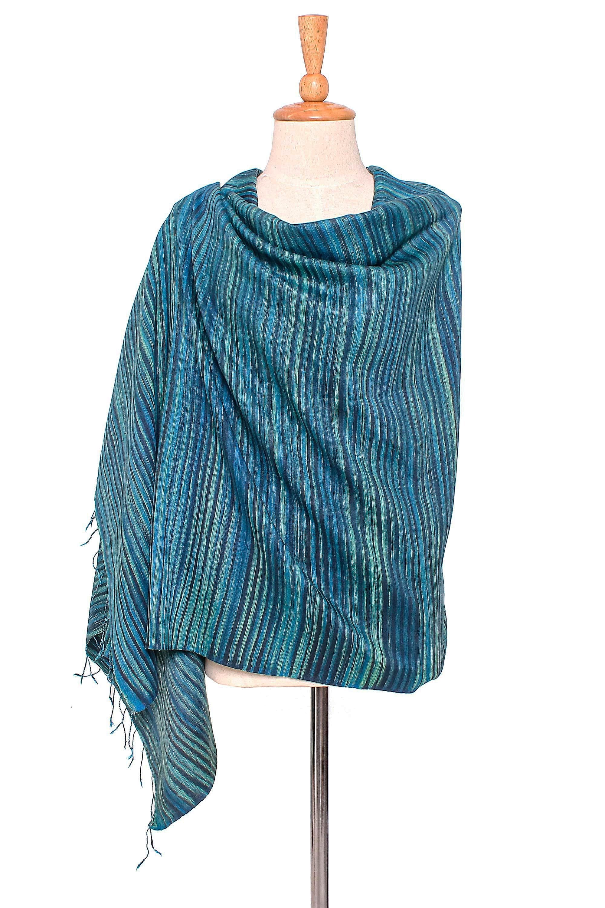 Striped Silk and Cotton Blend Shawl in Light Blue - Gorgeous Stripes in Light Blue