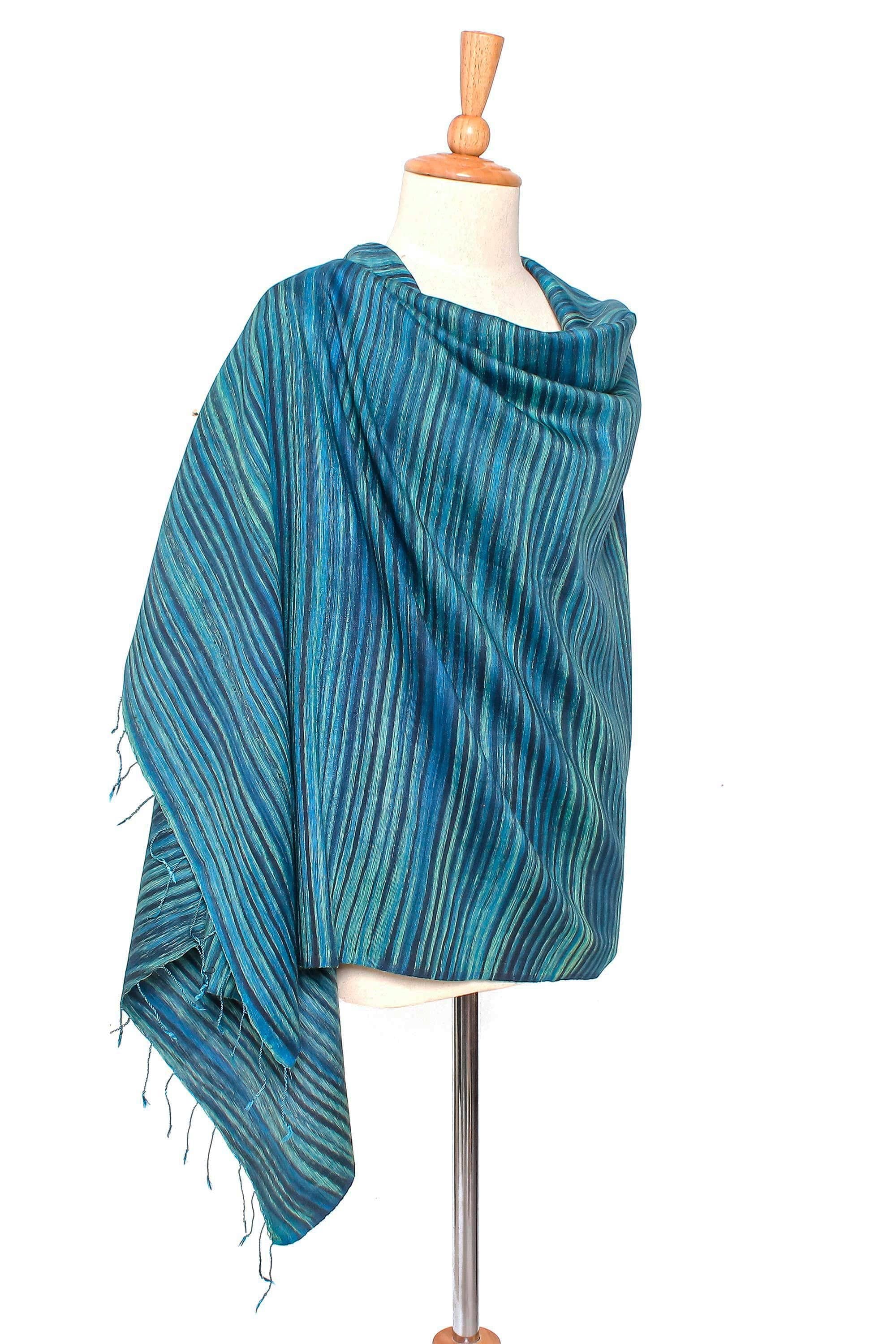 Striped Silk and Cotton Blend Shawl in Light Blue - Gorgeous Stripes in Light Blue