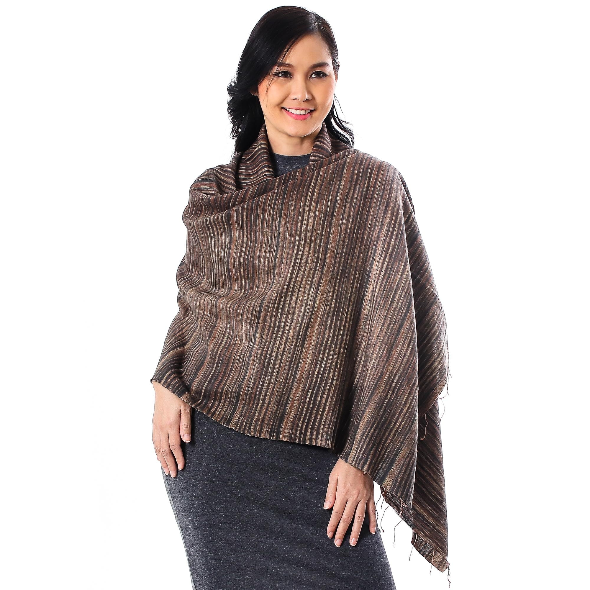 Striped Silk and Cotton Blend Shawl in Brown from Thailand - Gorgeous Stripes in Brown