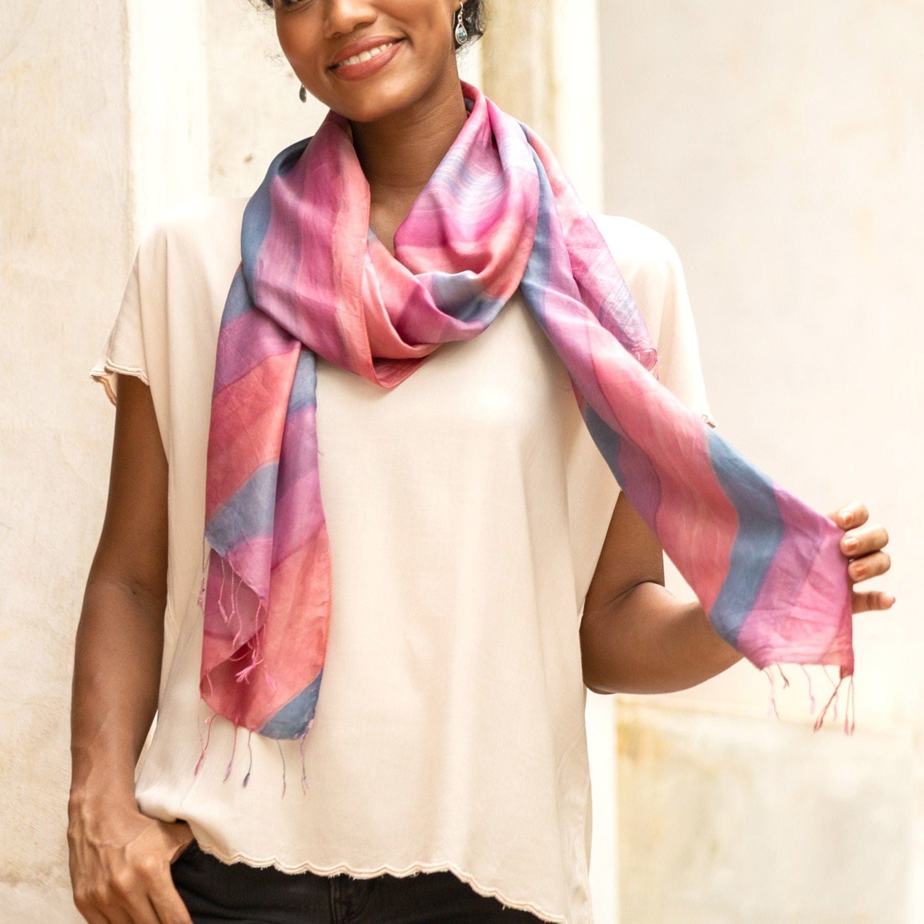 Hand-Painted Striped Silk Shawl - Flowing Water