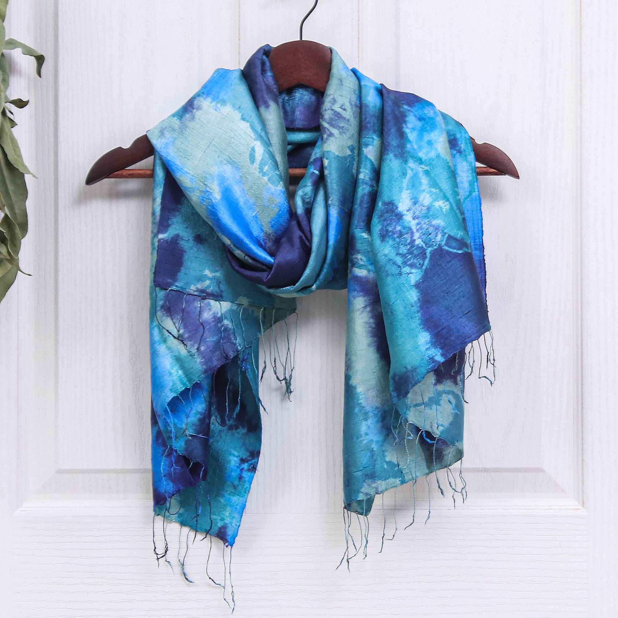 Dyed Blue Silk Shawl with Fringe Hand-Woven in Thailand - Magical Sky