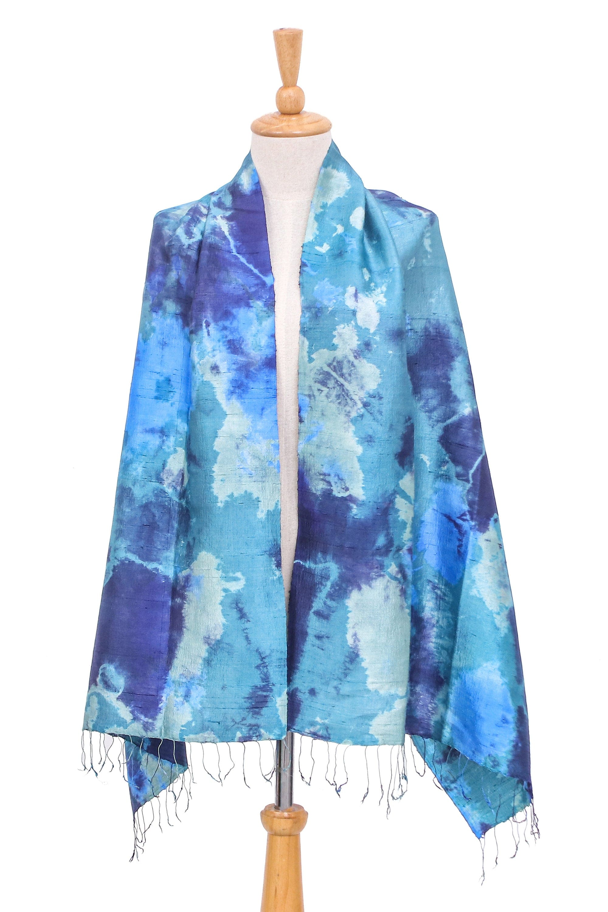 Dyed Blue Silk Shawl with Fringe Hand-Woven in Thailand - Magical Sky