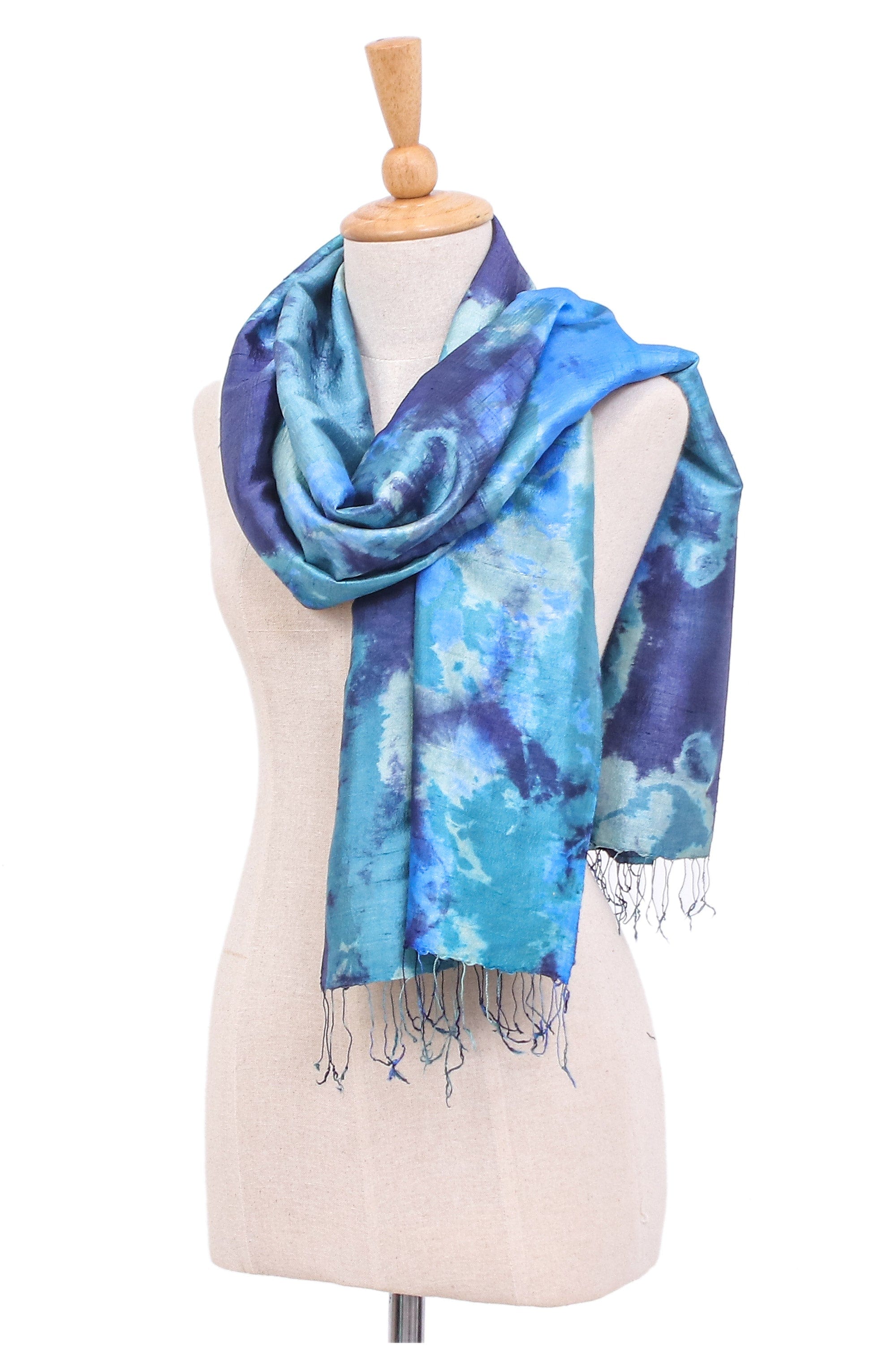 Dyed Blue Silk Shawl with Fringe Hand-Woven in Thailand - Magical Sky