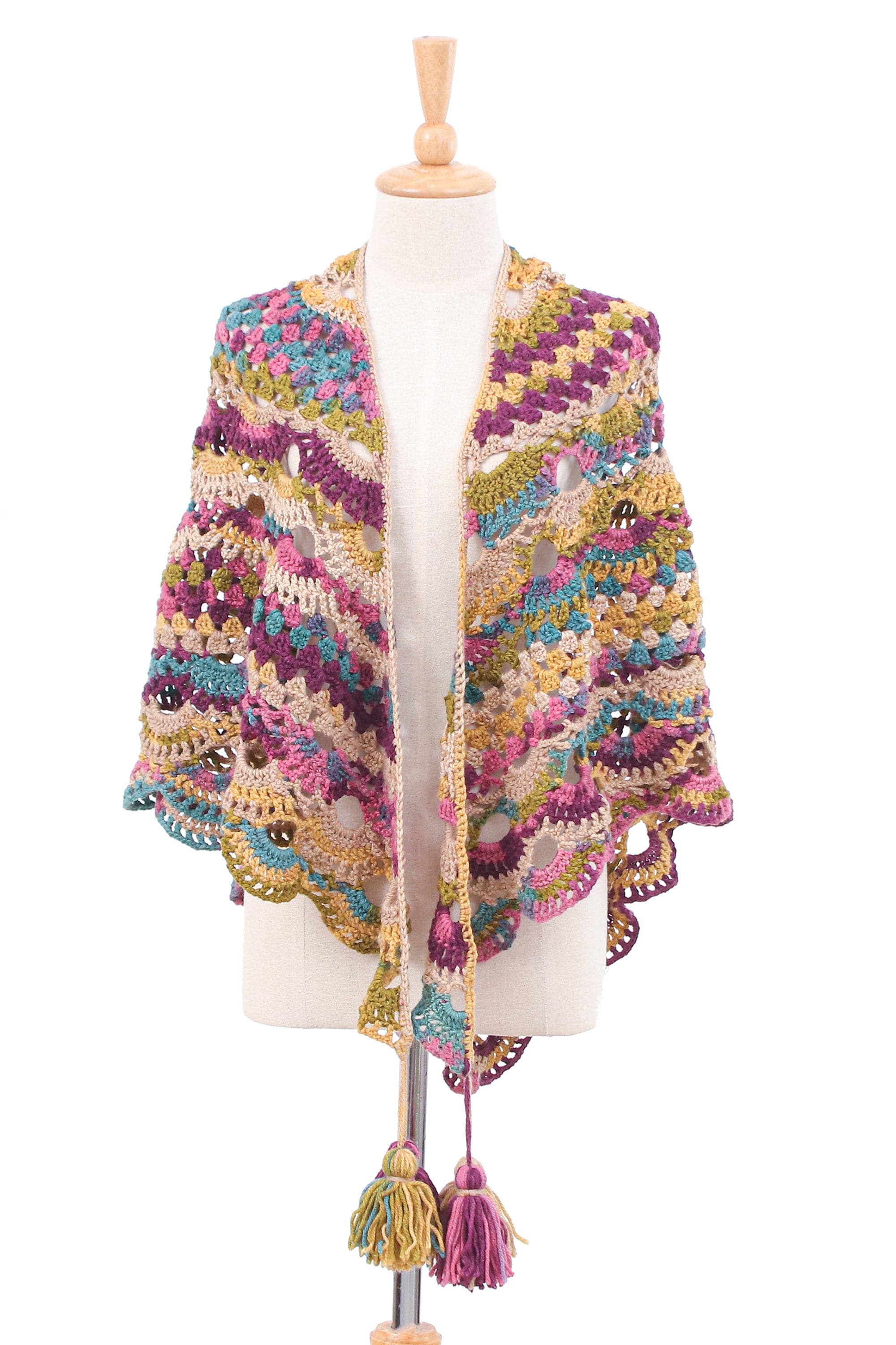 Handcrafted Colorful Crocheted Acrylic Capelet with Tassels - Multicolor Feelings